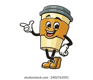 Coffee cup with pointing hand cartoon mascot illustration character vector clip art