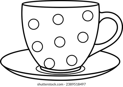 Coffee Cup with Polka Dots for Coloring. Vector Illustration of Cute Cup and Saucer for Kitchen. Cozy home dishes