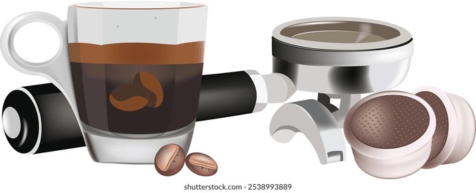 Coffee cup with portafilter, coffee beans and pods creating a perfect espresso composition