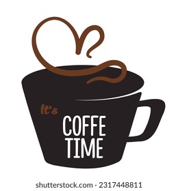 Coffee cup postcard. Cup silhouette with lettering "It's coffee time". Vector hand drawn illustration on white background for poster, coffee shop interior design. 
