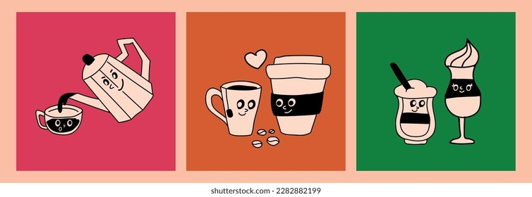 Coffee cup. Pot character posters. Espresso disposable or ceramic glass. Restaurant beverages. Hand drawn caffeinated desserts. Kettle pouring drink into mug. Vector recent cards set