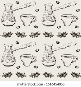 Coffee cup and pot seamless handdrawn pattern 