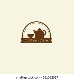 Coffee cup with coffee pot silhouette in circle logo vector.