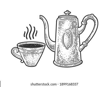 ilustración vectorial de grabado de la taza de café y la cafetera. Diseño de impresión de ropa de camiseta. Imitación de tablero de raquetas. Imagen dibujada a mano en blanco y negro.