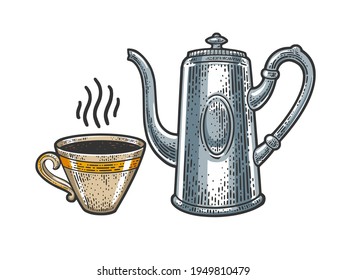 coffee cup and coffee pot sketch engraving vector illustration. T-shirt apparel print design. Scratch board imitation. Black and white hand drawn image.