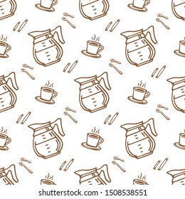 Coffee cup and coffee pot with sugar on white background. Seamless pattern for fabric, wallpaper, banner or wrapping paper. Hand drawn style.