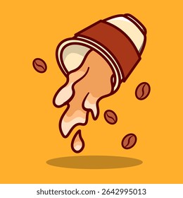 A Coffee Cup pour down illustration or Vector. with couples Coffee beans. Drink or beverage in flat cartoon style for banner, background, sticker, landing page