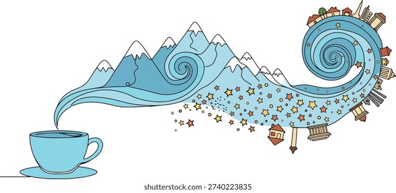 Coffee Cup Pouring Mountain Landscape with Village Scene Flat Design Vector Illustration
