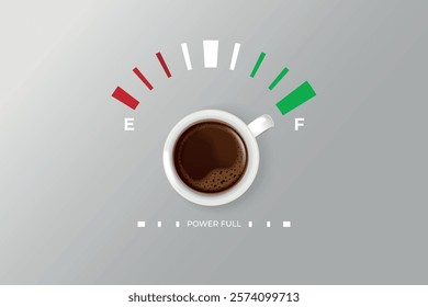 Coffee cup power. Caffeine full energy fuel meter, power refuel level good morning cafe break time concept advertising poster, realistic cappuccino mug exact vector illustration original artwork