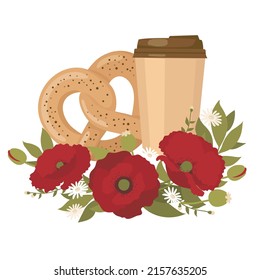 Coffee cup with pretzel with poppy seeds and a bouquet of poppies. Vector clipart.