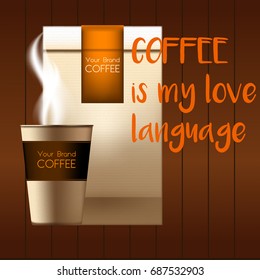 Coffee cup and product package poster design template. Paper cup with hot espresso or americano aroma steam and space for brand name on brown background. Vector illustration for cafe or coffee shop