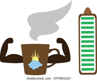 coffee cup with pumped up muscles and gray fragrant vapors pattern in the shape of a fluffy cloud and bright yellow sun concept of a Cheerful morning and a popular drink