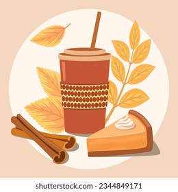 Coffee cup with pumpkin pie, cinnamon stick, and leaf fall. Autumn season clip art. Pumpkin spice latte in a disposable cup. Vector illustration.