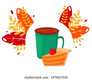 Coffee cup with pumpkin pie on autumn leaves background. Autumn drink. Vector illustration	