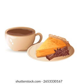 Coffee cup and pumpkin pie slice with star anise and cinnamon. For use in seasonal promotions, menus, blogs, recipe cards, autumn or Thanksgiving invitations, posts, packaging, printable kitchen.