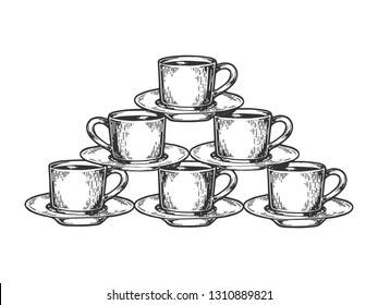 Coffee cup pyramid tower engraving vector illustration. Scratch board style imitation. Black and white hand drawn image.