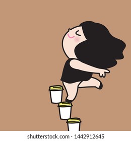 Coffee Cup Raised Girl Up. Concept Of Coffee Lover Card Character illustration