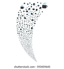 Coffee Cup random fireworks stream. Vector illustration style is flat blue and gray iconic symbols on a white background. Object fountain done from scattered pictographs.