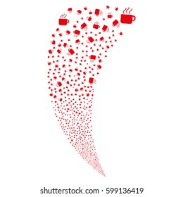 Coffee Cup random fireworks stream. Vector illustration style is flat red iconic symbols on a white background. Object fountain constructed from scattered design elements.
