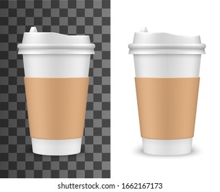 Coffee Cup, Realistic 3D Blank Mockup Template. Vector Isolated Tea Or Coffee Cup With Safety Sip Lid And Cardboard Sleeve Holder, Cafe Hot Drinks Disposable Package, Takeaway Container