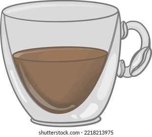Coffee cup realistic illustration. Hand drawn vector artwork of transparent glass cup with coffee. Design for cafe menu, restaurant, website, other coffee lover designs.