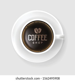 Coffee cup realistic vector illustration. Top view cup with coffee shop logo, label, emlem, ad banner. Americano beverage.