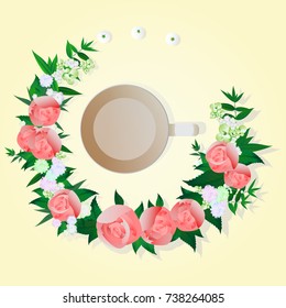 Coffee cup realistic Vector with rose flowers decor. Top view