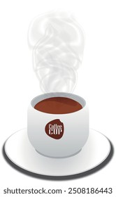 Taza de café y fondo rojo, taza de café blanca y café caliente, taza blanca de café fresco con humo sobre fondo aislado.