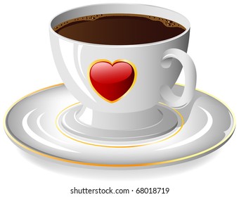 Coffee cup with red Heart on the saucer, illustration