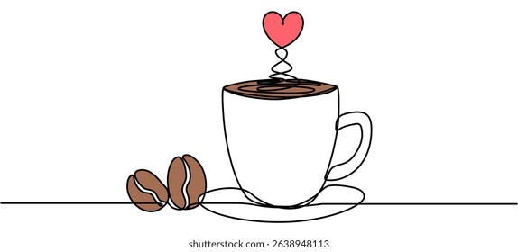 Coffee cup with red heart shape continuous line drawn. Coffee beans linear symbol. Vector illustration isolated on white.
