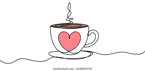 Coffee cup with red heart shape continuous line drawn. Hot drink linear symbol. Vector illustration isolated on white.