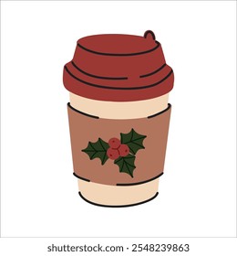 Coffee cup with red holly berries isolated on white isolated background. Cup with Christmas design. Hello Winter seasonal concept. Vector illustration in flat style.