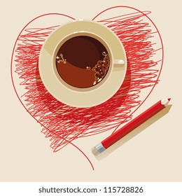 coffee cup, red pencil