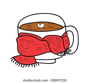 Coffee Cup with Red Scarf retro cartoon -  application silhouette, outline. Childlike style vector illustration. Hot coffee. Winter season drink vector illustration. Coffee with heart. Eps 10.