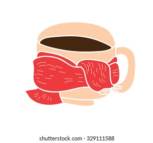 Coffee Cup with Red Scarf retro cartoon -  application silhouette, outline. Childlike style vector illustration. Hot coffee. Hot tea. Winter season drink vector illustration. Cute tea time concept.