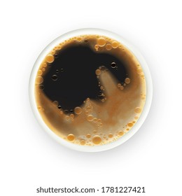 Coffee Cup Refreshment Hot Drink Flat Lay Vector. Brewed Coffee Break Beverage In Ceramic Mug, Traditional Morning Energy Taste Liquid With Bubble And Foam. Espresso Layout Realistic 3d Illustration