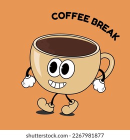 Coffee cup in retro comic y2k style. Coffee break poster.