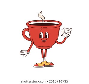 Coffee cup retro groovy breakfast character with cheerful face, wearing sneakers, holding a piece of sugar. Isolated cartoon vector red porcelain hot coffee mug personage with rising steam