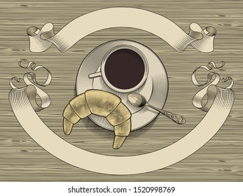 Coffee cup with a retro ribbon banner on wooden background. Vintage color stylized drawing. Vector illustration