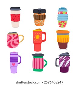 coffee cup reusable set cartoon. sustainable insulated, stainless portable, bpa free coffee cup reusable sign. isolated symbol vector illustration