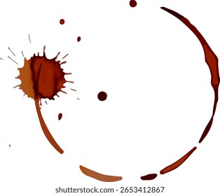 A mancha de anel de xícara de café com um splash formando um arco com gotículas, isolada em um fundo branco, cria um padrão artístico confuso, mas com uma textura e design únicos