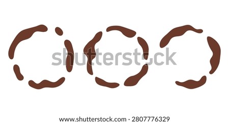 Coffee Cup Ring Stain Set. Hand drawn vector illustration collection of circular spots by mug on surface. For realistic cafe scene, breakfast table, cozy kitchen backgrounds.