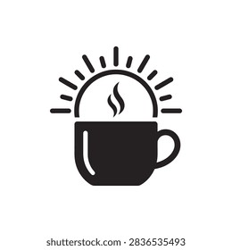 Coffee cup with rising sun rays icon.