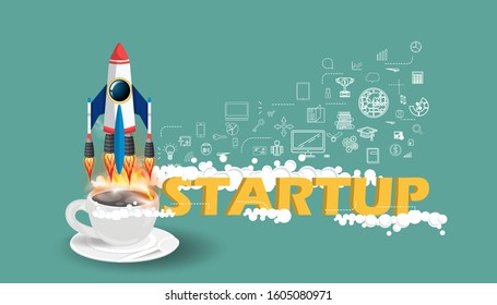   Coffee cup and rocket  - creative illustration of business startup - icon business plan  data - style design  modern Idea and concept illustration.