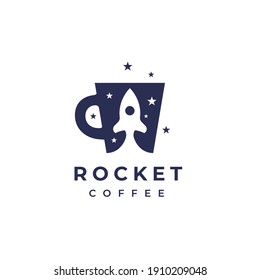 Coffee cup rocket logo. Cafe espresso mug icon. Latte hot drink symbol. Concept spacecraft caffeine beverage sign. Vector illustrations.