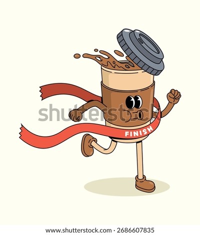 coffee cup run finish line groovy cartoon illustration