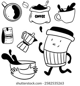 Coffee cup runs, hands hug coffee, pot, bean packaging in hand-drawn style, large set for coffee shop