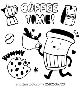 Coffee cup runs, packaging, coffee pot, inscription coffee time and jammy, cookies in hand-drawn style, large set for coffee shop