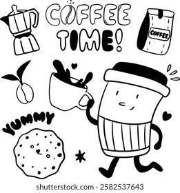 Coffee cup runs, packaging, coffee pot, inscription coffee time and jammy, cookies in hand-drawn style, large set for coffee shops