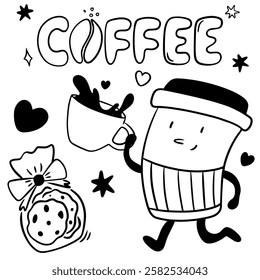 Coffee cup runs with coffee and smiles in hand-drawn style, coffee inscription with coffee bean, cookies with chocolate in gift bag